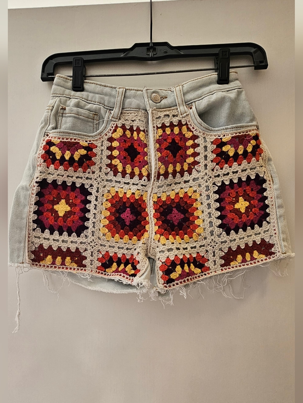 SO Crochet Patchwork Denim Shorts - Cream, Red, Yellow, Purple